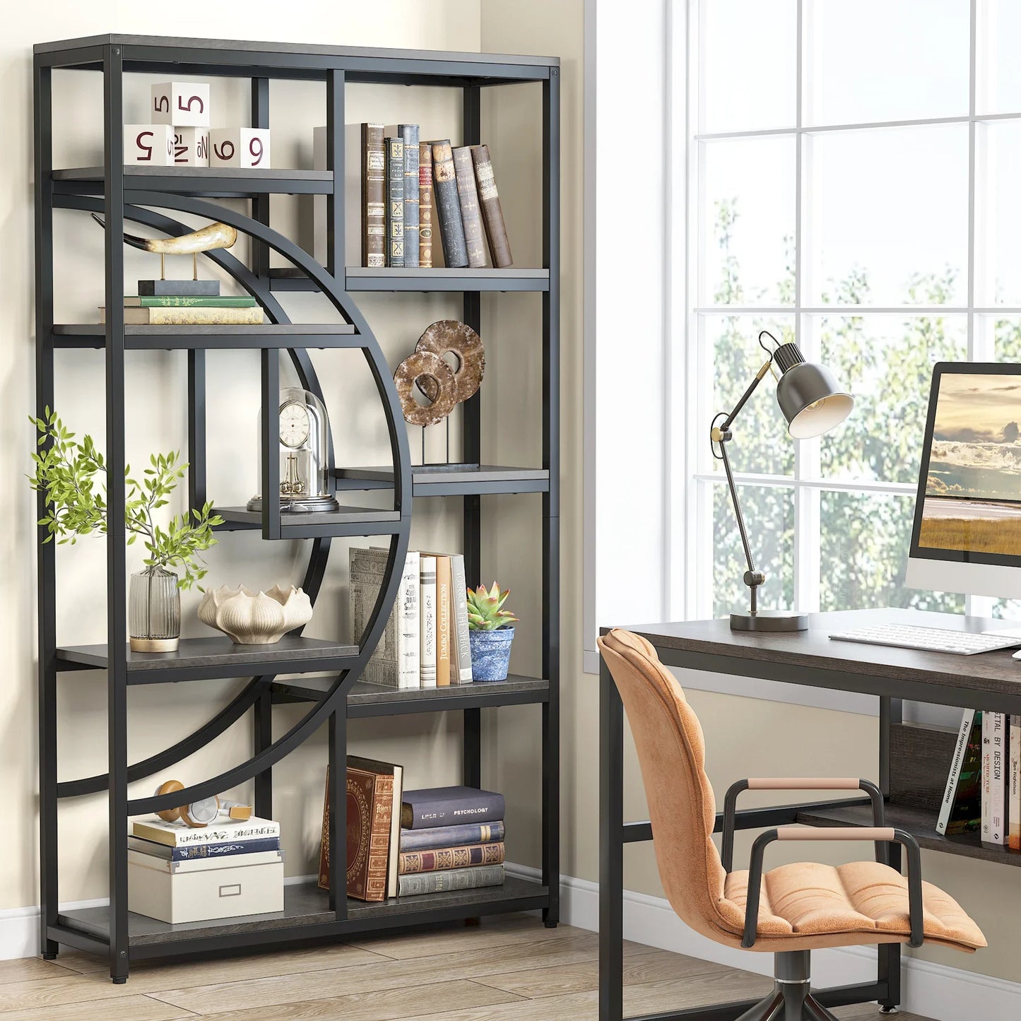  Bookshelf Industrial 5 Tier Etagere Bookcase, Freestanding Tall