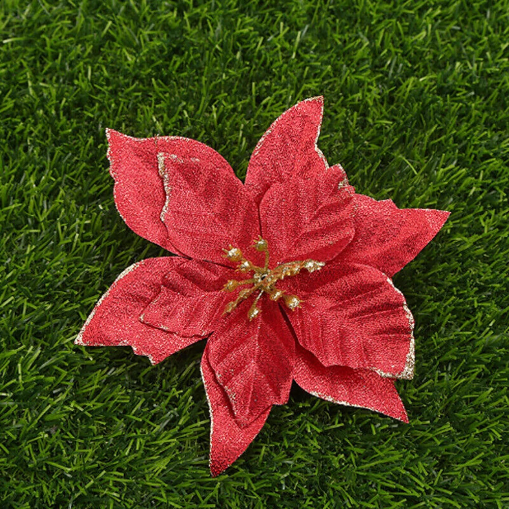  Christmas Red Poinsettia Glitter Flowers