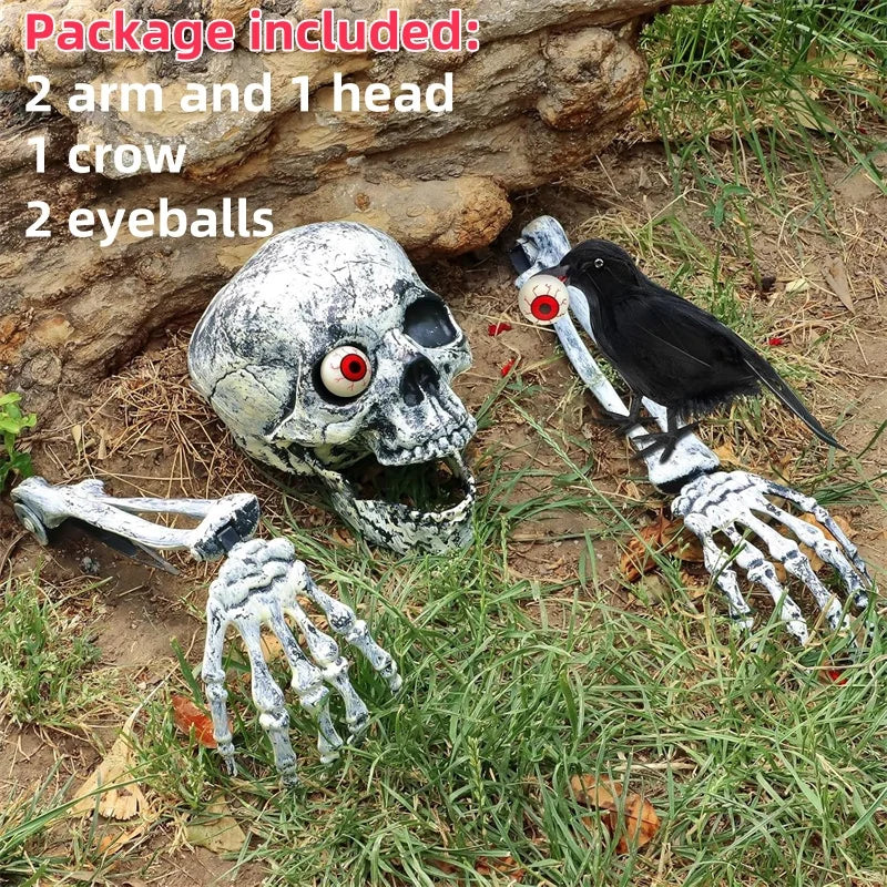 Creepy Skeleton Stakes – Includes skull, crow, and zombie hands with glowing red eyes for a terrifying Halloween effect.