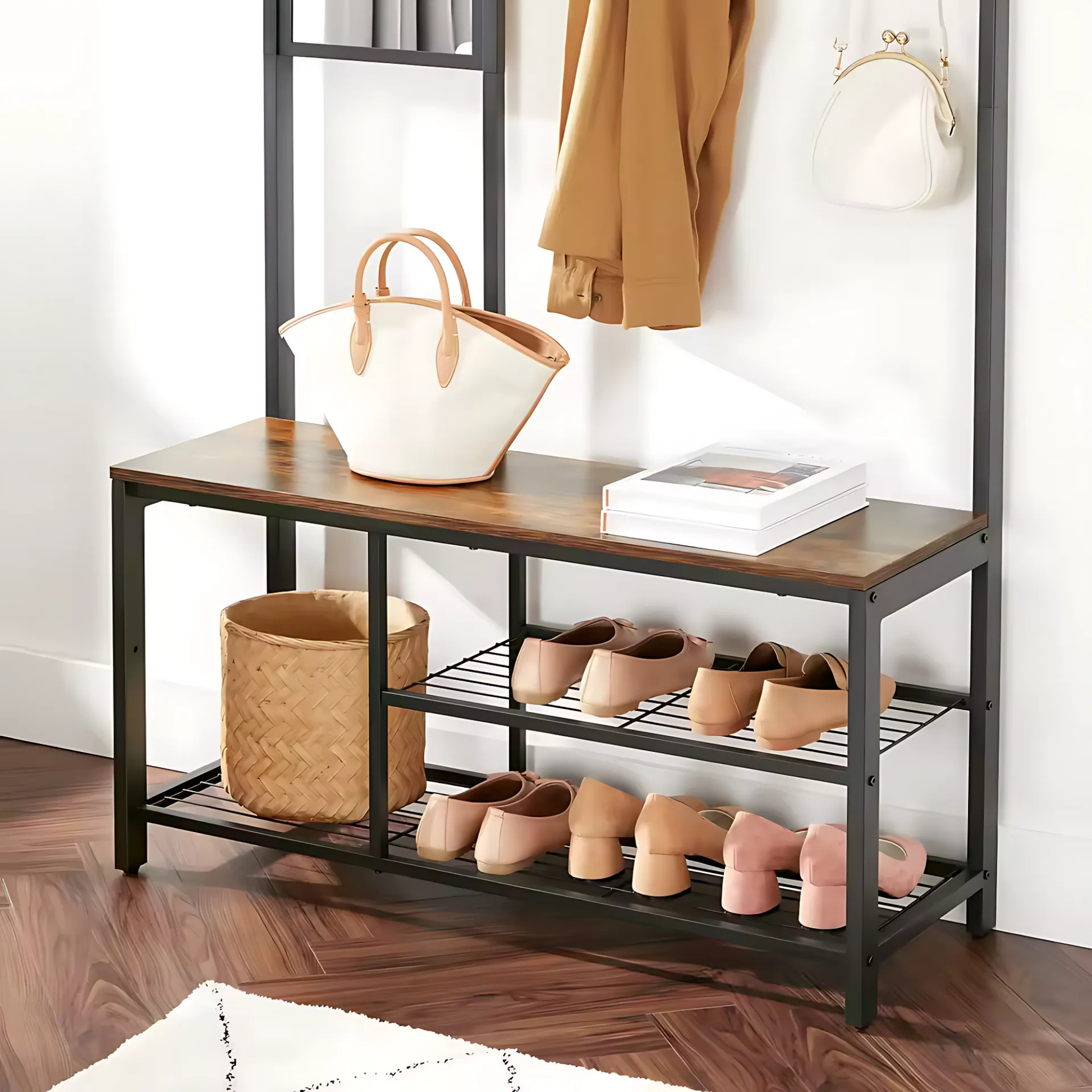 Entryway Hall Tree with Bench & Mirror