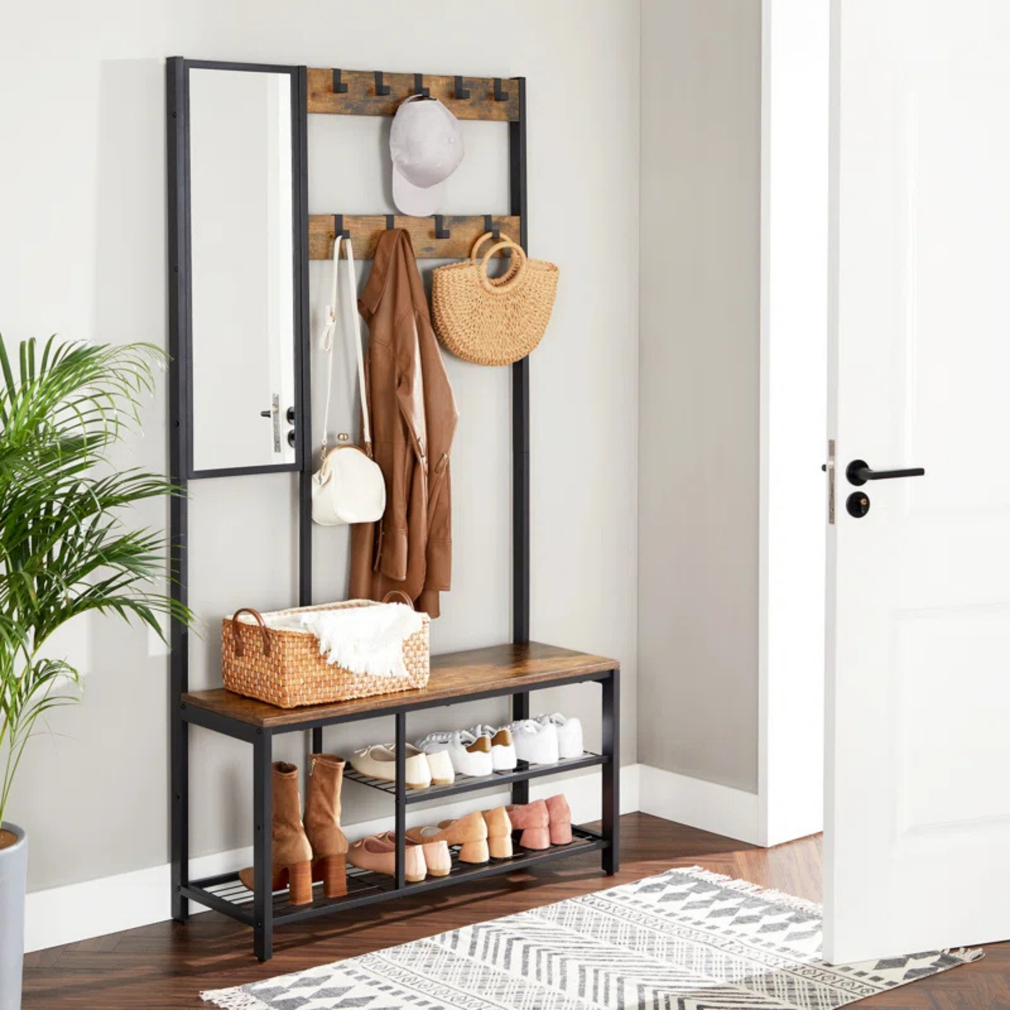 Entryway Hall Tree with Bench & Mirror