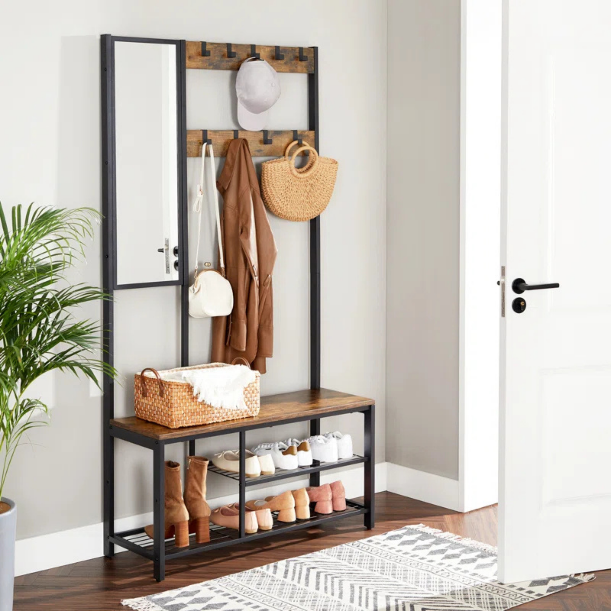 Entryway Hall Tree with Bench & Mirror