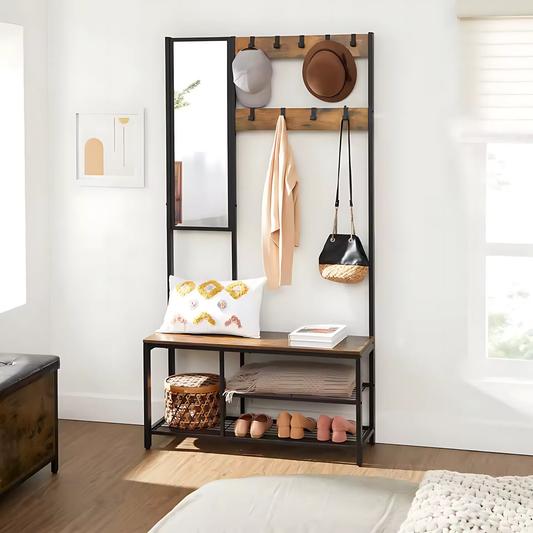 Entryway Hall Tree with Bench & Mirror