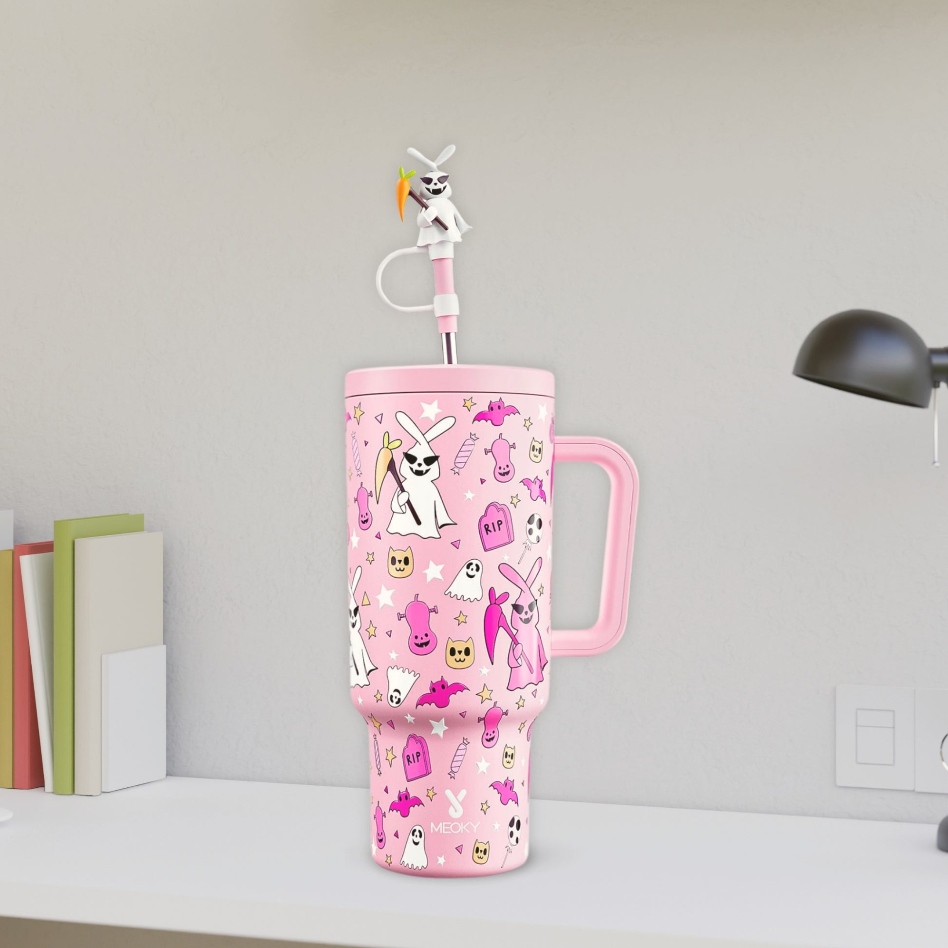 Meoky 40oz Coffee Mug Tumbler – Stainless Steel Travel Mug with Handle & Cute Stopper pink