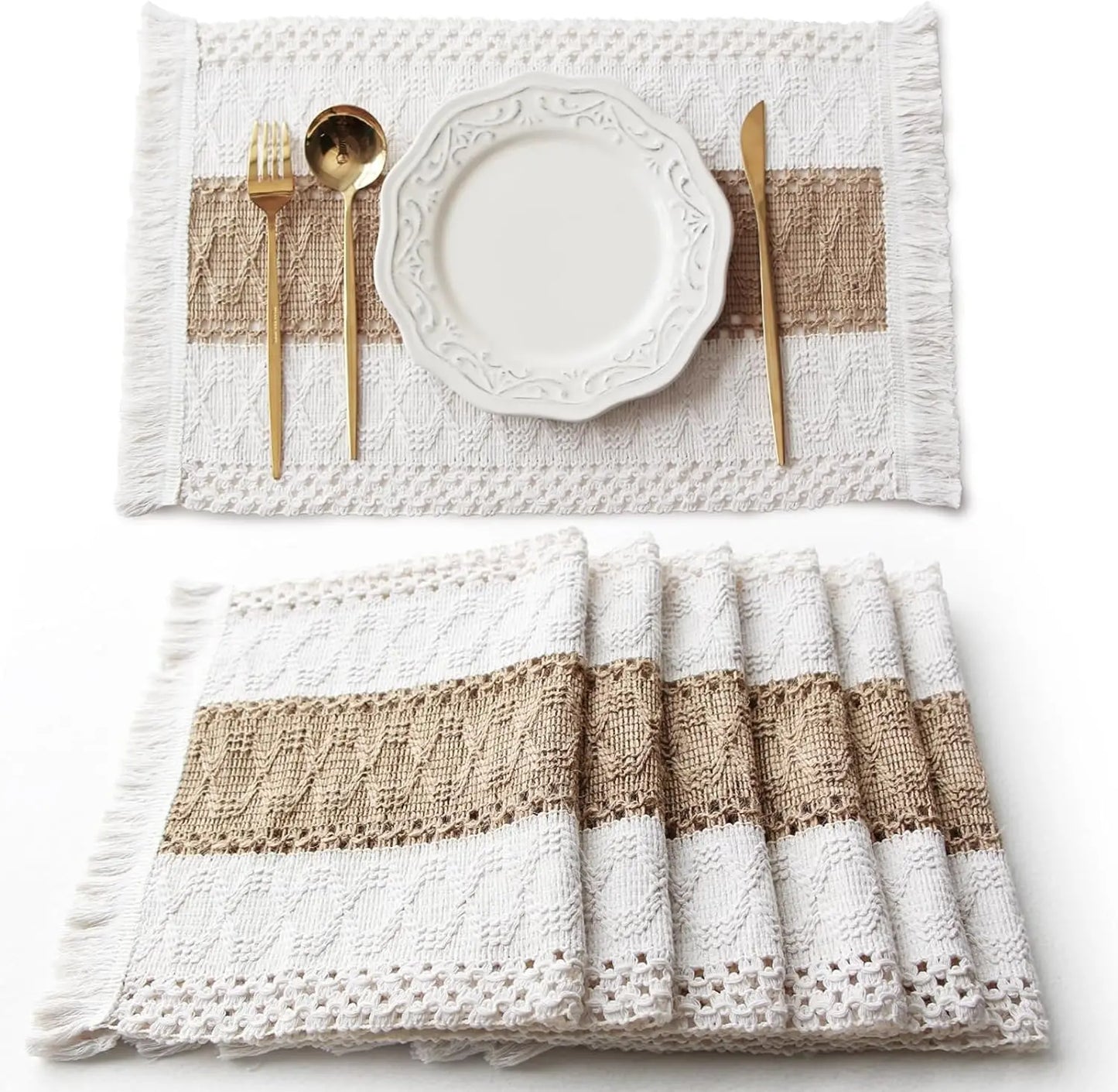 Natural Cotton Burlap Placemats – Boho Table Set