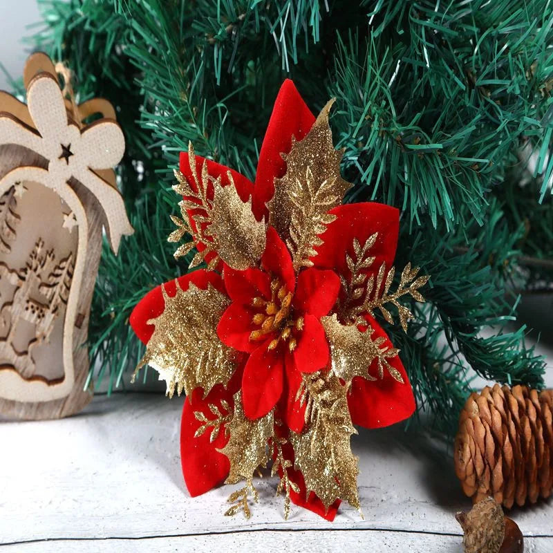 Red Velvet Glitter Poinsettia Stem - Christmas Floristry Decoration Red 