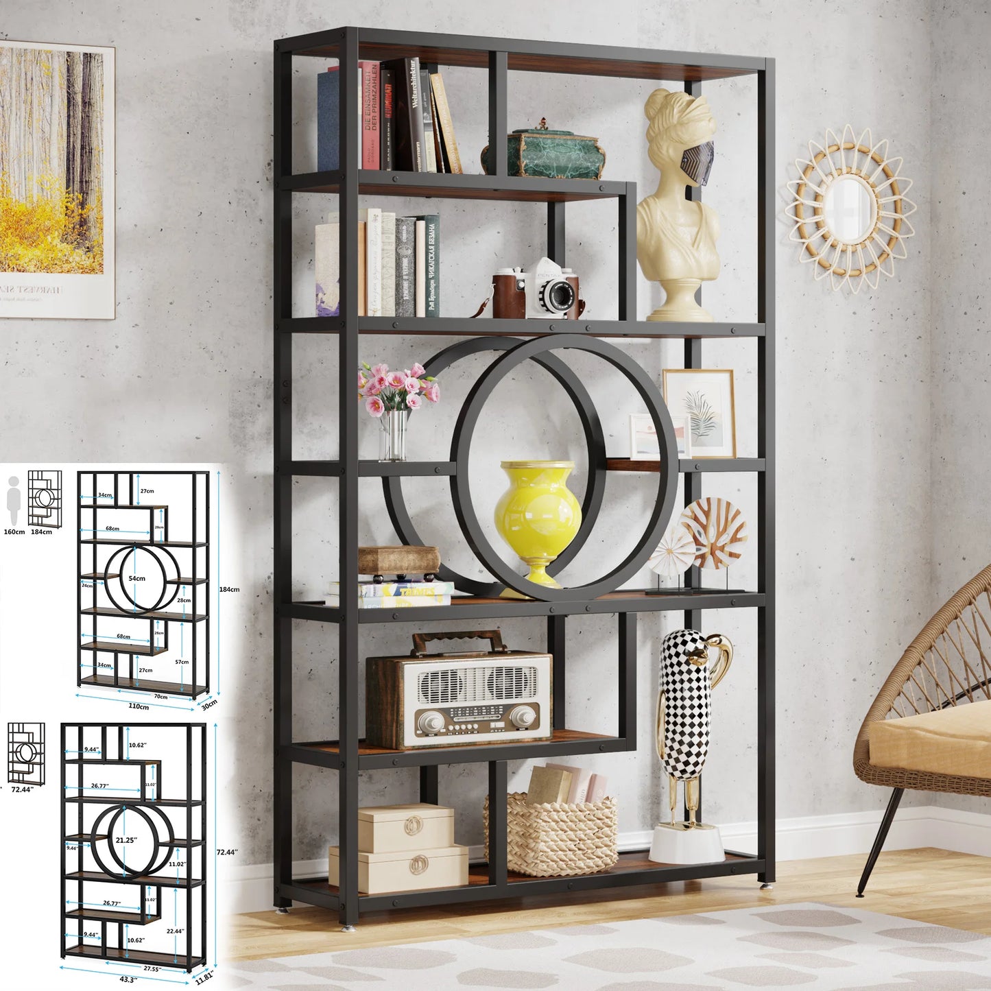 Tribesigns Bookshelf Industrial 5 Tier Etagere Bookcase, Freestanding Tall Bookshelves Display Shelf Storage Organizer