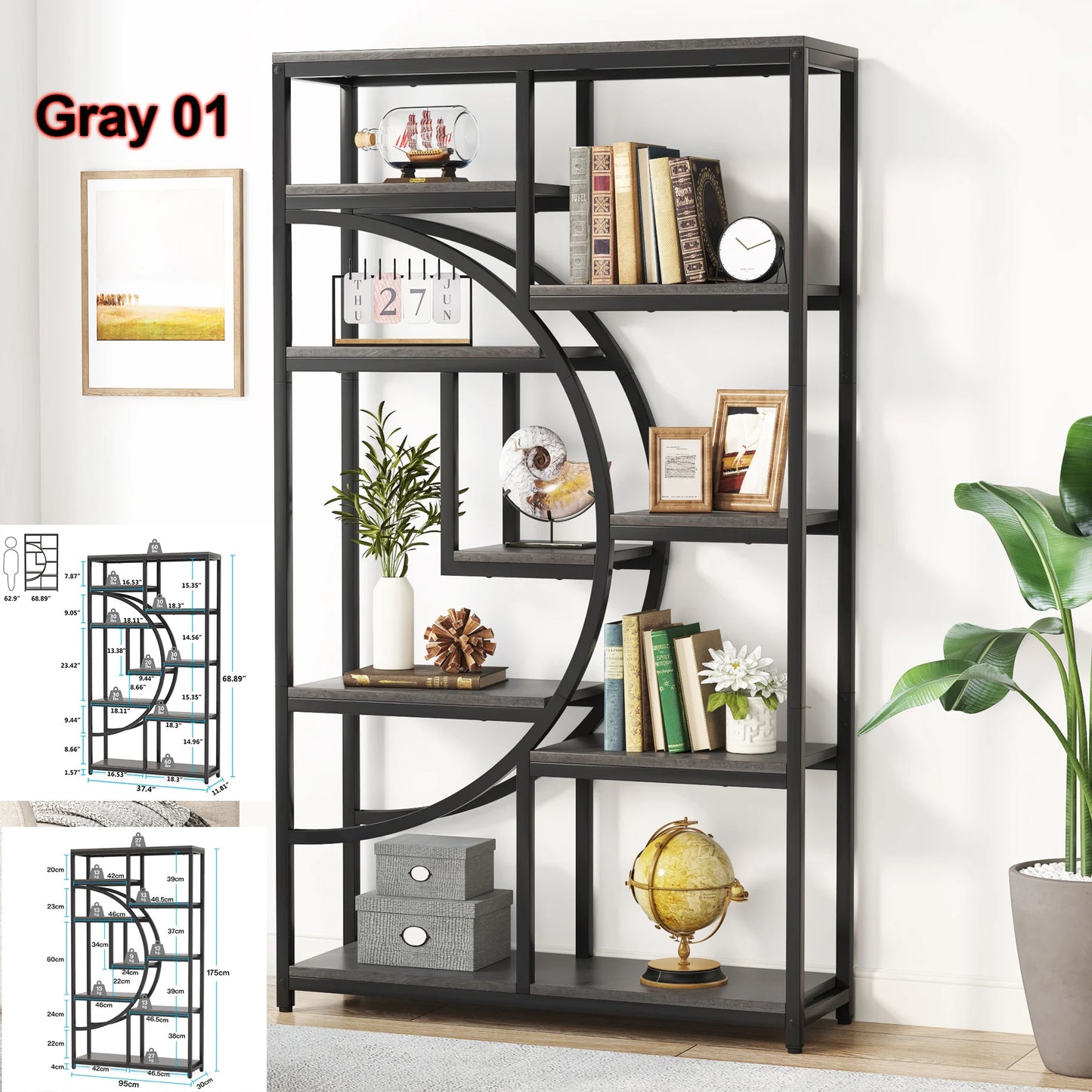 Tribesigns Bookshelf Industrial 5 Tier Etagere Bookcase, Freestanding Tall Bookshelves Display Shelf Storage Organizer