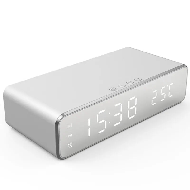Wireless Charger Alarm Clock with LED Thermometer for iPhone & Samsung Silver