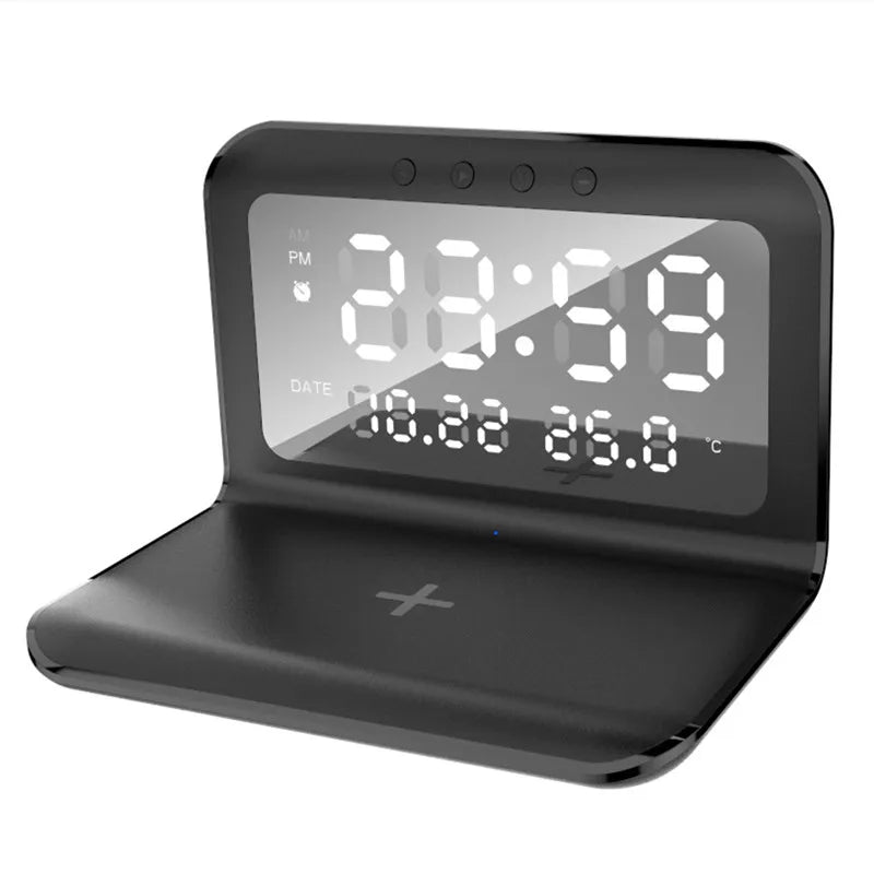 Wireless Charger Alarm Clock with LED Thermometer for iPhone & Samsung Type B Black