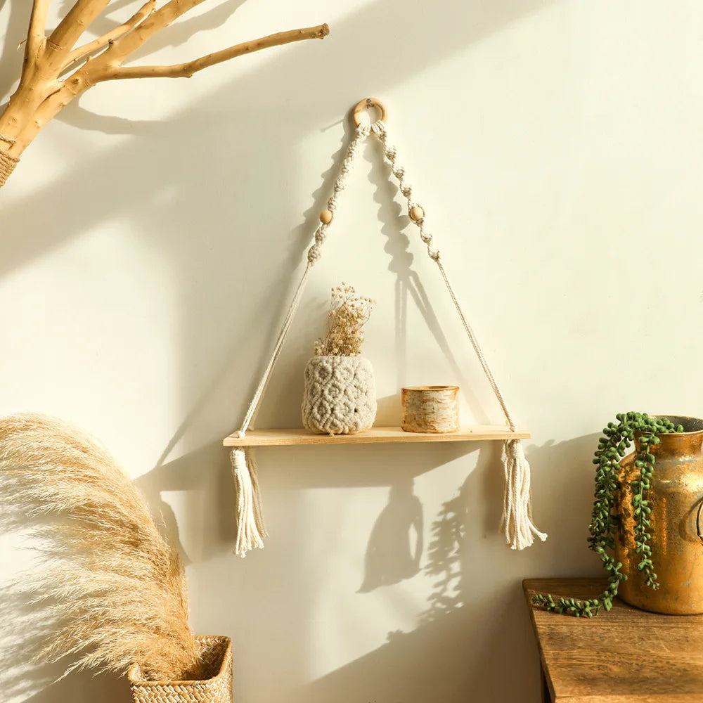 Wooden Macrame Wall Hanging Shelf  Lifestyle Image 