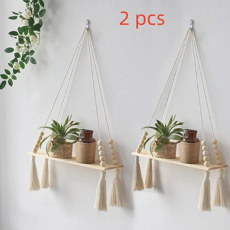 Wooden Macrame Wall Hanging Shelf  Lifestyle Image 2pc